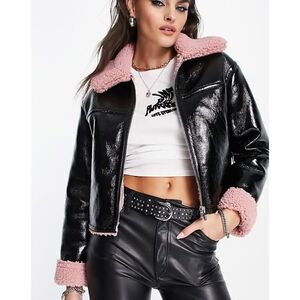 London Crew Faux Leather Pink Sherpa Jacket